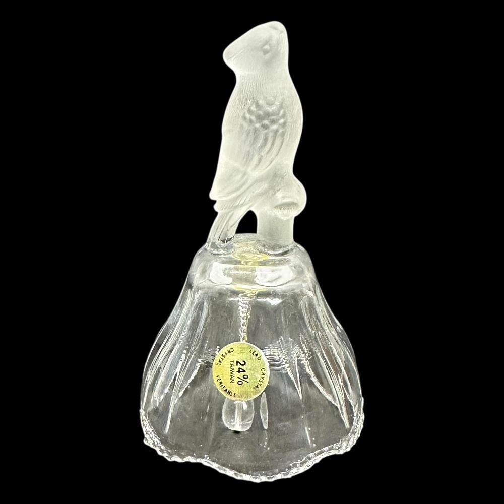 24% Lead Crystal Bird Bell VTG Taiwan Frosted Glass Parrot Figurine Decor Table